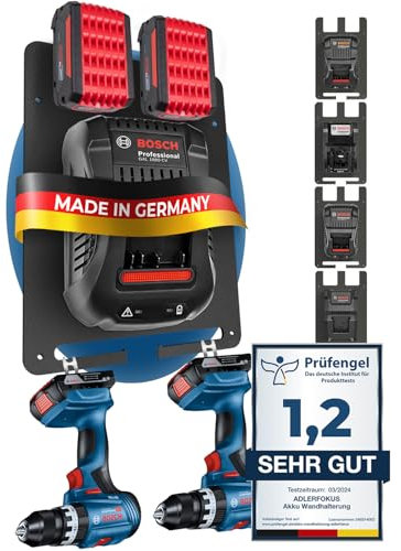 Adlerfokus Wandhalterung für Bosch Professional Akkus & Ladegeräte [Made in Germany] Akkuhalter mit Premium Montagematerial - Bosch Halterung für Ladegerät - Akku Wandhalterung für Ordnung & System
