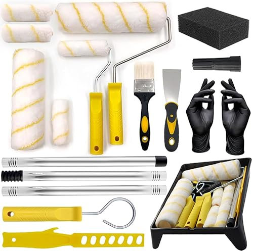 19 PCS Paint Roller Set, 9 Inch 4 Inch Paint Rollers Set with Stainless Steel Extension Pole, Paint Rollers and Trays Sets, Microfiber Roller Cover for Painting Walls, Ceiling, Doors, Trim, Rooms