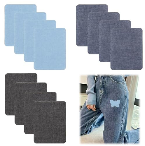 12 Pièces, Patchs Jean Thermocollant Denim Qualité L'extérieur Colle Plus Forte, pour Réparation et Décoration, 100% Coton, Nuances de Bleu, Taille 9,5 cm x 12,5 cm