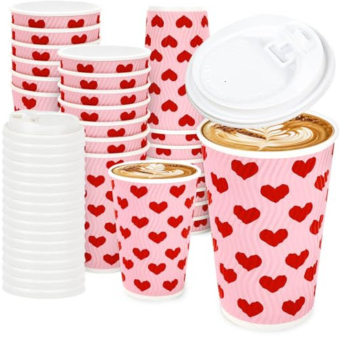 JarThenaAMCS 100Pcs Valentine's Day Disposable Coffee Cups with Lids Red Pink Heart Paper Cups Love Heart Corrugated Ripple Wall Insulated Hot Cups for Home Office Supplies, 16oz