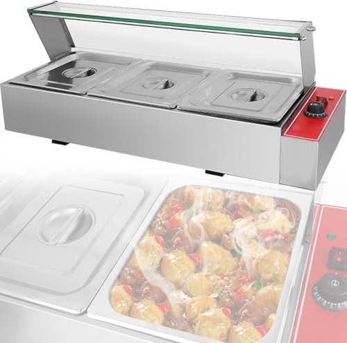 1500 W elektrischer Ofen aus Edelstahl mit Deckel für Dampftisch, Temperaturkontrolle, Kochfeld Self – Service, Heizplatte mit 3 Tabletts für Restaurants, EUZLKDXU, Stahl