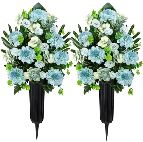 Velibobo Flores artificiales para tumbas, juego de 2 ramos de flores conmemorativas de cementerio, crisantemo funerario con jarrones para decoración de tumbas al aire libre (azul)