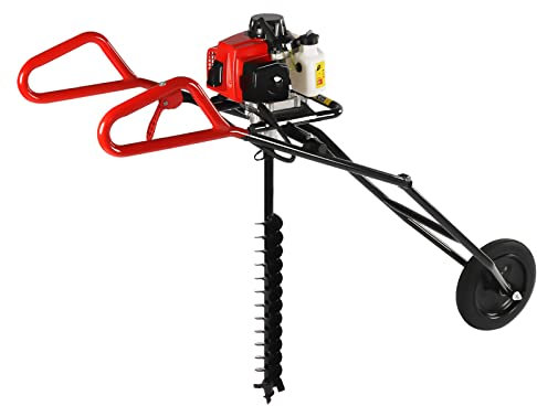 63CC 2-Takt Benzin Erdlochbohrer, Gartenbohrer mit Gummirad - Kraftstofftank: 1200ml/ Bohrern Durchmesser: 60-300mm, Zusammenklappbare Einrädrige Pfahlbohrkarre 2.2KW, 8800±300rpm