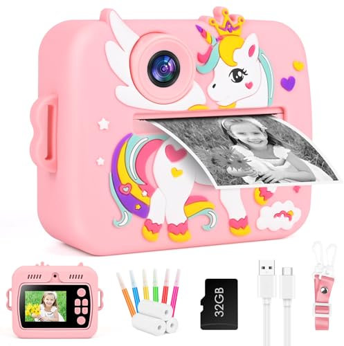 GuKKK Kinderkamera Sofortbildkamera, 2,4 Zoll Sofortbildkamera Kinder mit 32G TF Karte und Fotopapier Drucken, 1080P HD Digitalkamera Kinder, Weihnachten Geschenk für Jungen und Mädchen 3-12 Jahre