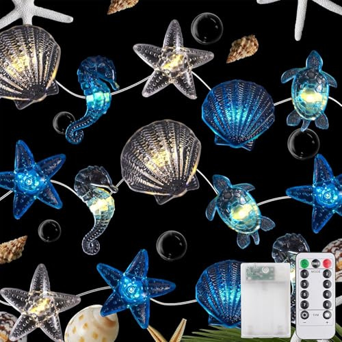 Sunshine smile Lichterkette Meerestiere,3M 30 LED Seepferdchen Seestern Wellhornschnecken Muschel Lichterkette,Lichterkette mit Timer für Kinderzimmer Hochzeit Party Deko