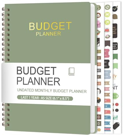 Budget Planner - Monthly Budget Book with Expense Tracker Notebook, A5(6.1 x 8.5) Financial Planner & Account Book to Take Control of Your Money, Bill Organizer With Pockets and Stickers - Green