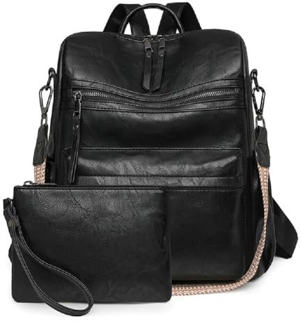 YALIZHNA Rucksack Damen Für Leder Rucksack Set Mit Geldbörse,Modern Anti-Diebstahl Rucksackhandtaschen Frauen Schultertaschen (Schwarz)