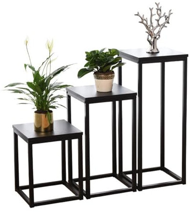 UUE Metall-Blumenständer 3er-Set, Quadratischer Deko-Pflanzenständer, Stabiler und Pflegeleichter Pflanzenhocker, Beistelltisch Schwarz in drei Höhen für den Innenbereich (80cm, 60cm, 40cm)