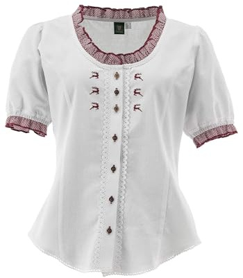 OS Trachten Damen Bluse Kurzarm Trachtenbluse mit Rundhalsausschnitt Fluspi