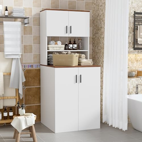 Mobile armadio per lavatrice con 2 Ante 68x68x170CM Mobile alto per il bagno con scaffali Regolabili & Ampio spazio di archiviazione Mobiletto per Lavatrice Mobile da Bagno Salvaspazio Noce + Bianco