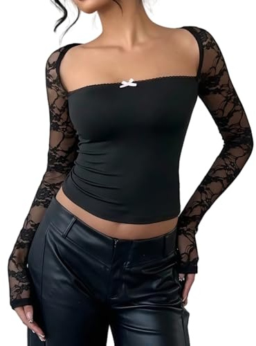 Hybursky Women Tops Sheer Lace Long Sleeve Bow Tie Square Neck Solid Color Y2K Blouses Going Out Tops Sexy Slim Fit Cropped T-Shirt Clubwear Streetwear, Black/M