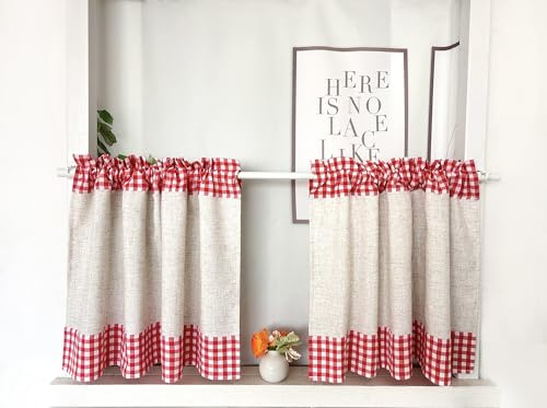 Daliena Scheibengardine 2er Set Kariert Kurzgardine BxH70x60cm Rot | Bistrogardine Leinenoptik, Küchengardine Landhausstil Gardine Retro Vintage, Fertige Kleinfenster Gardinen 2 Stück