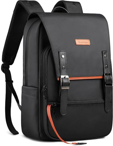 hk Laptop Rucksack 15,6 Zoll Herren Damen Wasserabweisend Leicht Business | Arbeitstasche mit Magnetklappe Laptopfach Vintage Design Tagesrucksack für College Reisen Schwarz