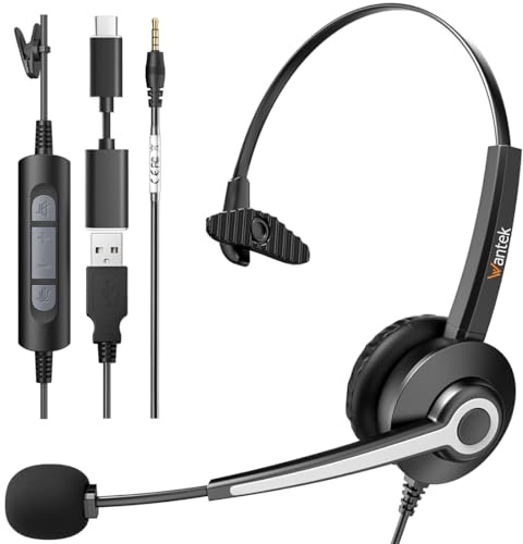 Wantek Auriculares estéreo, con Cable, USB-A, micrófono con cancelación de Ruido, Comodidad Durante Todo el día, USB-A: PC/Mac o teléfono móvil Mediante Equipos de conexión de 3,5 mm, Zoom y más