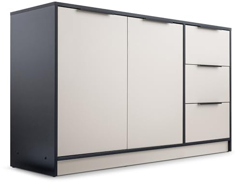 Masseno Kommode SION 138 cm Sideboard mit 3 Schubladen und 2 Türen für Wohnzimmer Schlafzimmer Modern 138x41x81 cm Schwarz/Kaschmir