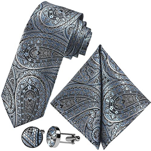 GASSANI Herrenkrawatte Schmal Paisley-Muster, Hell-Blaue Hochzeitskrawatte Gemustert, Einstecktuch Manschettenknöpfe Z. Hochzeits-Anzug Sakko Weste