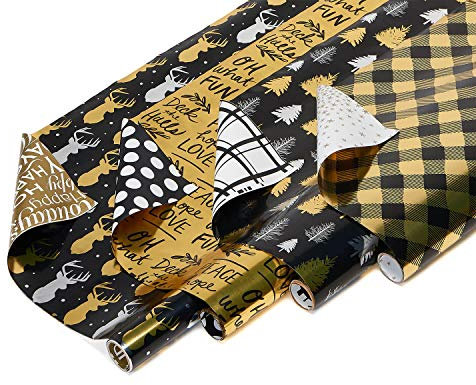 American Greetings Wendbares Geschenkpapier-Set aus Weihnachtsfolie, Schwarz und Gold, kariert, Bäume und Rentier (4 Rollen 76,2 cm x 2,4 m)