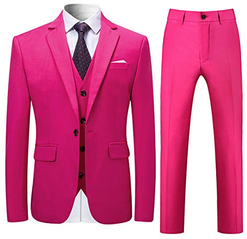 Costume Homme 3 Pcs Costard Blazer Veste et Pantalon Gilet Mariage Party Smoking, Rose, M