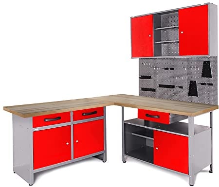 Ondis24 Werkstatt Ecklösung Basic One, 120 + 60 cm Holzarbeitsplatte, 2X Werkbank, 1x Werkzeugschrank, Stahl, abschließbar, Werkzeugwand - Lochwand, 1x Haken Set (Arbeitshöhe 85 cm, rot)
