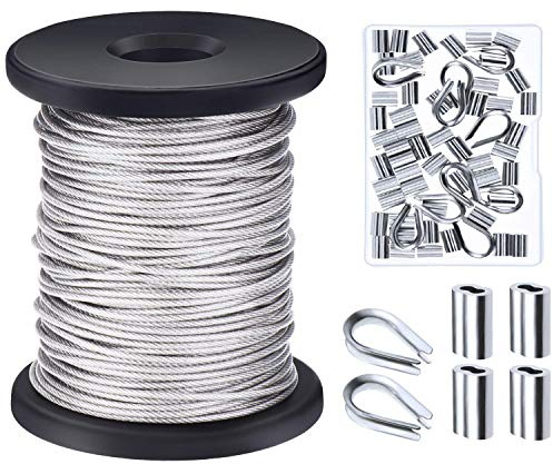 Canomo 1/16 inch x 98 Feet (1.5mm x 30m) Vinyl Coated Stainless Steel Picture Hanging Wire Rope Cable with 50 Pieces Aluminum Crimping Sleeves, 10 Pieces Thimble and 50 Pieces D-Ring Hangers