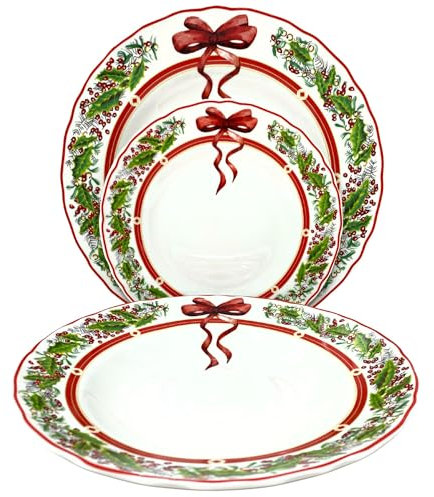 Servizio Piatti Natalizi - Set Piatti 6 Persone - Adatti alla Lavastoviglie -Porcellana - Piatti Moderni - Articoli Natalizi - 18 Pezzi Servizio Piatti Natalizio (FIOCCO)