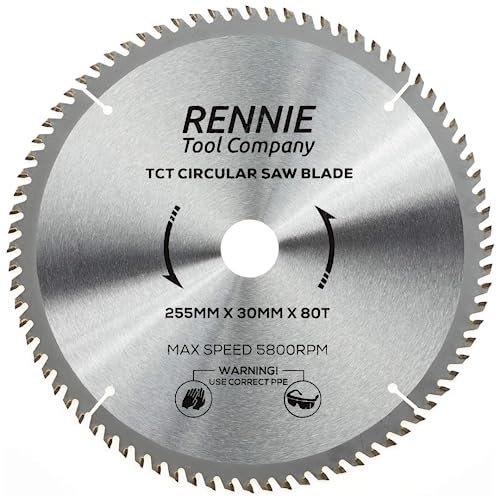 Rennie Tools - 255mm x 30mm x 80T TCT Circular Wood Saw Blade Includes 25mm 20mm & 16mm Bore Reduction Rings. Compatible with Bosch Makita Dewalt Circular Saw Etc. Fits 254mm Circular Saws