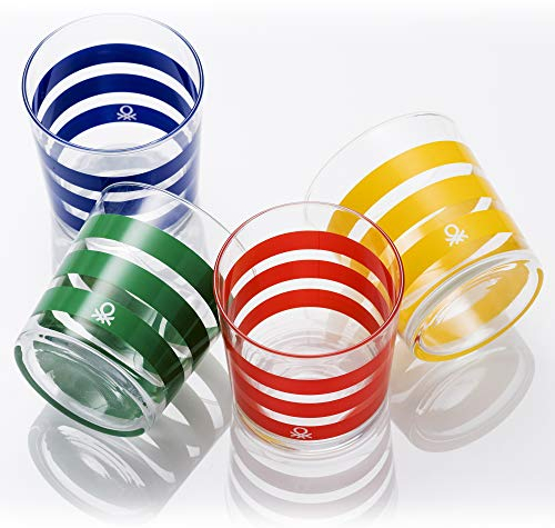 UNITED COLORS OF BENETTON. BE070 Set 4 pezzi bicchieri d'acqua 0,345 l vetro righe multicolore casa Benetton, Glass