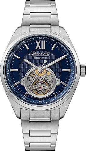 Ingersoll The Shelby Herren-Automatikuhr, 44 mm, mit blauem Zifferblatt mit offenem Herz und silbernem Edelstahlarmband I10902B
