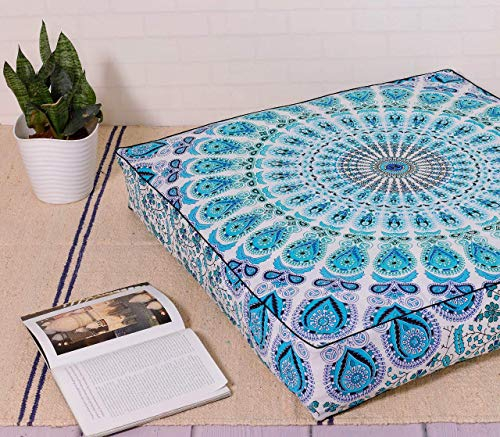Quadratischer Hippie-Mandala-Bodenkissenbezug – Indischer Pfauen-Tagesbett, übergroßer Baumwoll-Kissenbezug, strapazierfähiger Reißverschluss, Sitzhocker, Hund, 55.9 cm, Weiß und Blau