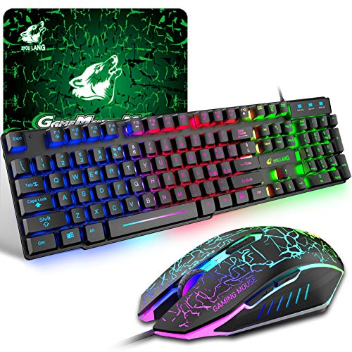 Tastiera e Mouse da Gioco, Layout Italiano QWERTY Gaming Tastiera Retroilluminato a LED Colore Arcobaleno, Mouse 6 Tasti 2400 DPI e Tappetino per Mouse, USB Cablato per PS4 XBox, Nero
