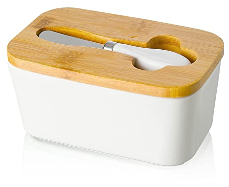 Mantequillera de Porcelana con Cuchillo y Tapa de Madera, Candiicap Contenedor Grande para Mantequilla, Recipiente Hermética para Todo Tipo de Mantequilla(Blanco Mate)