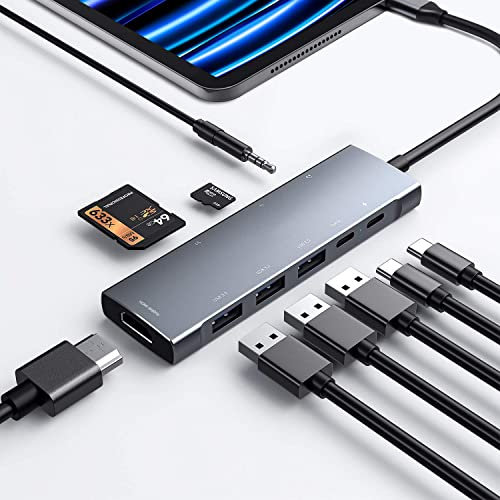 HUB USB C pour iPad Pro Adaptateur 9-en-1 iPad Pro M4 M2 M1 13 12.9 11 Station d’Accueil iPad Air avec 4K HDMI, USB-C, SD/TF Lecteur de Carte, USB 3.0, 3.5mm AUX, Données de Type C, iPad Mini 6