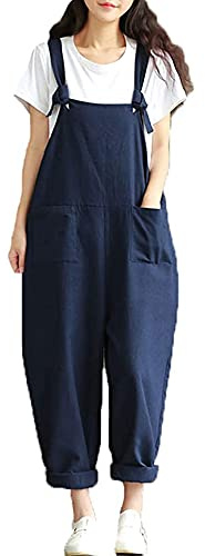 YILEEGOO Cotton Linen Dungarees for Women, Ladies Casual Overalls Baggy Wide Leg Pants Jumpsuit Playsuit (Navy Blue#3, X-Large)
