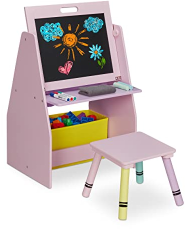 Relaxdays Scaffale per Bambini, con Lavagna, Doppio Scomparto e Sgabello, Postazione per Colorare, HLP 84x52x45 cm, Rosa, Legno, Set da 2 pz