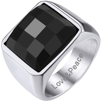 GoldChic Fashion Geburtsstein Ring mit Wunsch-Motiven 316L Edelstahl Herren Fingerring mit 15mm breit Schwarzem Geburtsstein Glänzender Zirkon Bandring in Silber Ringgröße 70(22.3)
