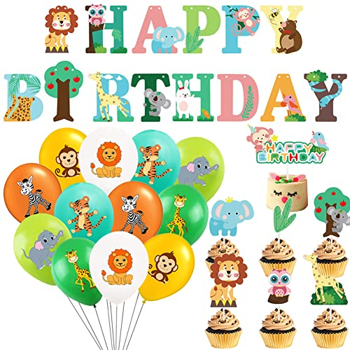 HGSHUO Waldtiere Geburtstag Deko Dschungel Luftballon Tiere Tortendeko Kindergeburtstag Ballon Girlande Happy Birthday Banner Waldtiere Deko Herbst Geburtstagsdeko