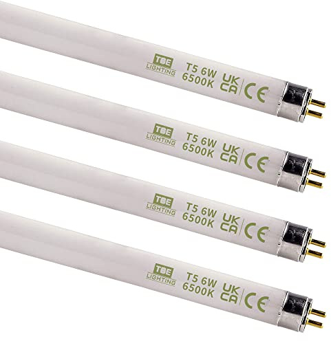 TBE LIGHTING T5 6w Fluorescent Tube Lamps 225mm - CFL Bulbs - G5 2-Pin Base Fittings - T5 High Efficiency Lamps, Day Light White 6500K (4-Pack)