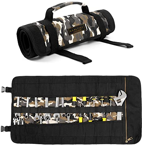 Tool Storage Roll, Heavy Duty 16oz Waxed Canvas Roll Up Tool Bag (23 Pockets & Portable Handle), Tool Carrier for Mechanic Carpenter | 26 x 13 | Camouflage