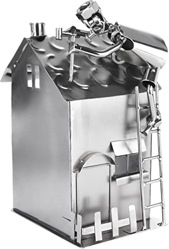 BRUBAKER Schraubenmännchen Haus mit Dachdecker - Silber Eisenfigur Metallmännchen - Handarbeit Metallfigur Hausbau Geschenk für Zimmermann Handwerker Hausbauer