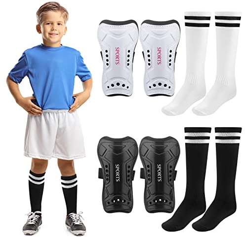 Fußball-Schienbeinschoner für 4-10 Jahre alte Jungen und Mädchen mit Lange Fußballsocken, Fußballausrüstung (2 Paar Schienbeinschoner und Socken)