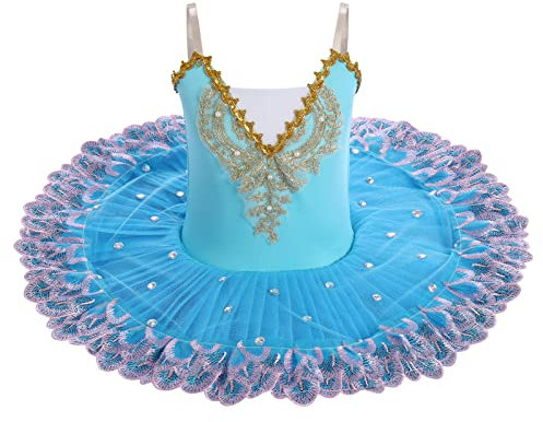 IBAKOM Kinder Mädchen Kleid Ballett Träger Spaghetti Tanz Kostüm Schwanensee Spitze Perle Camisole Turnanzug Tutu Eiskunstlauf Tanz Ballerina Outfit, Himmelblau, 11-12 Jahre