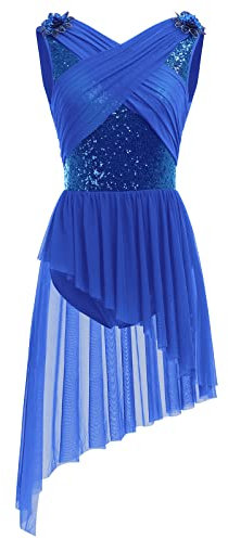 Ballettkleidung Damen Tanzkleid Ärmellos U-Rücken Glitzer Pailletten Blume Ballett Body Ballettanzug Asymmetrischer Tüllkleid Ballettkleid Salsa Ballerina Dancewear Eiskunstlauf Kleid Königsblau S