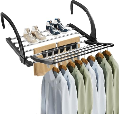 REFORUNG Tendedero Balcón Barandilla Negro Tendedero de Radiador Plegable de Acero Inoxidable Extensible Colgadores de Ropa para Balcones para Colgar Calcetines Ropa en Balcón Baño - 50cm