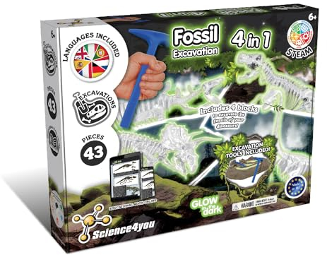 Science4you Dino Ausgrabungsset 4 in 1 - Fossilien Ausgrabungsset für Kinder ab 6+, das im Dunkelheit Leuchtet Dinosaurier Spiel und Dino Geschenk für Junge und Mädchen ab 6 7 8 9+