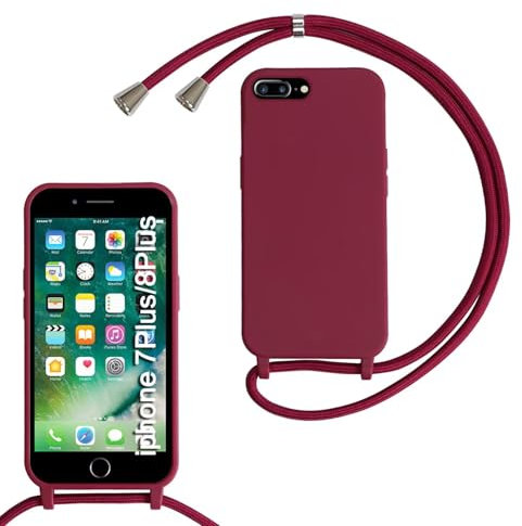 SLWYF Compatible with iPhone 6 Plus/iPhone 7/8 Plus Crossbody Lanyard Case, Liquid Silicone Protective Phone Case with Strap Adjustable Neck Cord Necklace Soft Cover for iPhone 6/7/8 Plus, Red