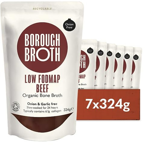 Low FODMAP Beef Broth by Borough Broth - Organic Bone Broth - Onion & Garlic Free - High in Collagen for Healthy Skin & Joints - High Protein, Low Calorie - Grass Fed - Delivered Chilled 7 x 324g