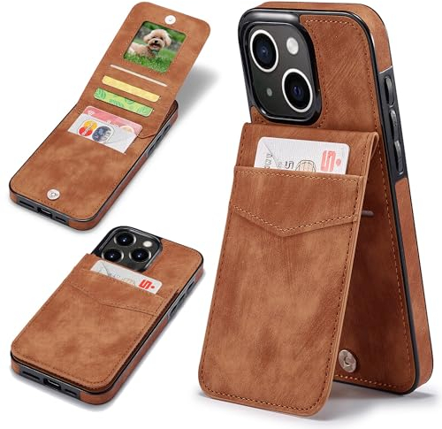 Sibada Multi-Funktionen Leder Handyhülle für iPhone 15 mit Standfunktion Card Slot Snap RFID Magnetverschluss Halten Leather Case for iPhone 15 (2023) 6.1 - Braun