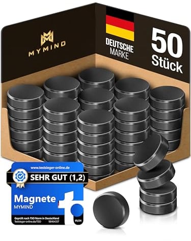 MYMIND® Magnete für Magnettafel [EXTRA STARK] - 50x Starke für Whiteboard, Pinnwand & Kühlschrank - Kleine Schwarz - Kein Zerkratzen - Tafel Magnet Klein 18x5mm