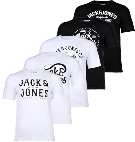 JACK&JONES Herren T-Shirt, 5er Pack - JJLEOGRA Tee Crew Neck, Kurzarm, Rundhals, Baumwolle, Logo-Print Weiß/Schwarz 2XL
