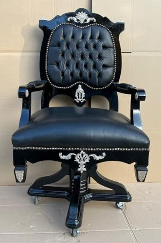 Casa Padrino Barock Schreibtischstuhl Schwarz/Silber - Höhenverstellbarer Barockstil Bürostuhl mit edlem Kunstleder - Barock Büro Möbel - Edel & Prunkvoll